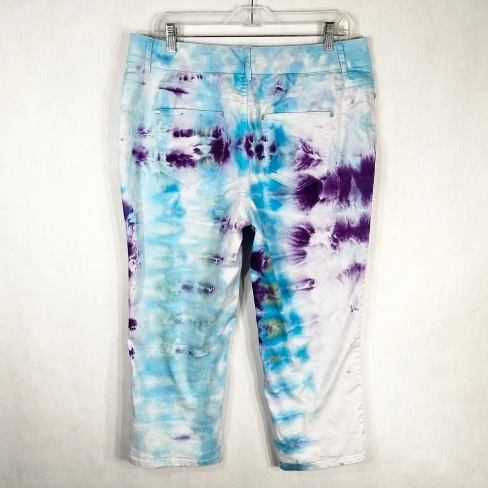 Cato Size 12 Pants Tie Dye Handmade Blue‎ Purple Boho High Rise Festival 1366